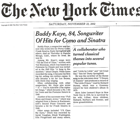 Buddy Kaye New York Times Obituary